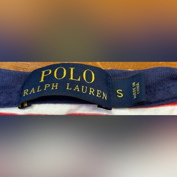 Polo Ralph Lauren Red & White Striped Crewneck Shirt w/ Blue Collar Trim, Small - Picture 8 of 10
